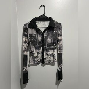 Y2K sheer mesh graphic button-up top